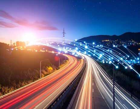 Illuminated highway at night with streaks of light, urban skyline, and connecting digital lines