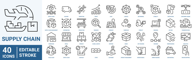Supply chain line web icons. Value chain, logistic, delivery, manufacturing, commerce. Outline icon collection. Vector illustration. Editable stroke