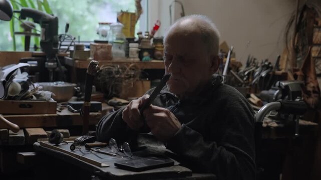 Elderly craftsman working in his old workshop, carefully restoring collectible Japanese bladed weapons