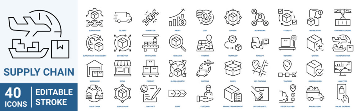 Supply chain line web icons. Value chain, logistic, delivery, manufacturing, commerce. Outline icon collection. Vector illustration. Editable stroke