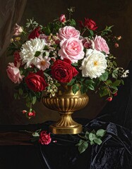 Fototapeta premium Opulent golden urn overflowing with lush red, pink, and white roses
