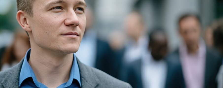 Young man standing in crowd looking ahead during commute morning