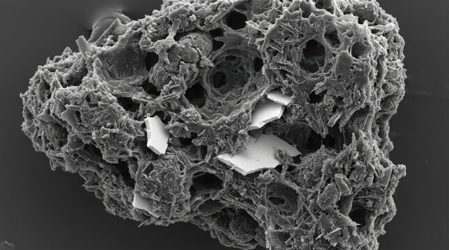 Ion-Abrasion Scanning Electron Micrograph of Microplastic Fragments Integrated into Marine Snow Aggregate for Oceanographic Research