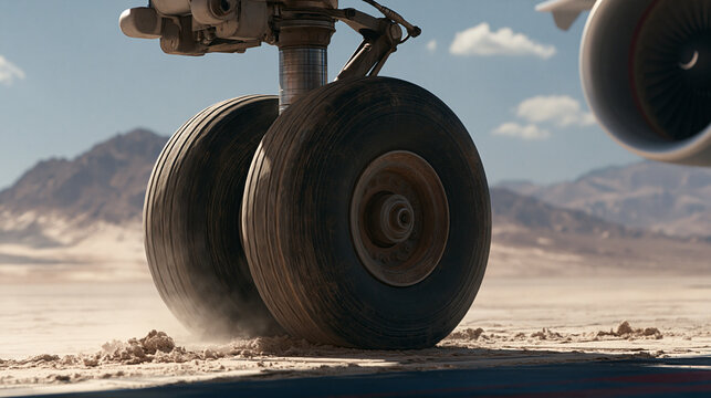Airplane landing gear on dusty runway with mountains travel industry clear sky wheels on groun