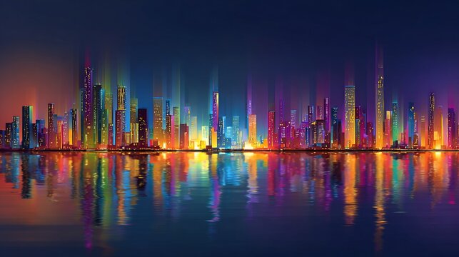 Vivid skyline, reflected in water, lights stretched upwards with motion blur