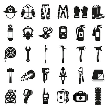 Black icons of firefighter equipment and tools