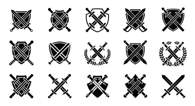 Collection of shield and sword icons.