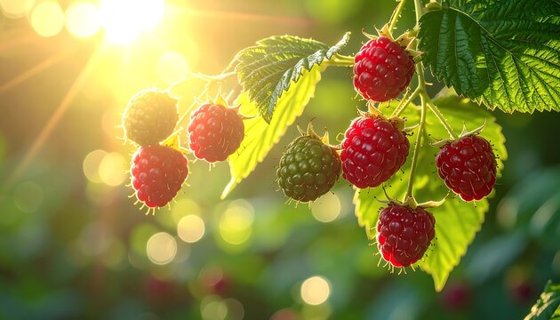 Sunlit raspberries glow