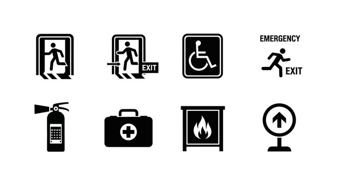 Emergency exit signs and symbols.