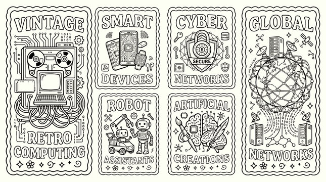 Vintage technology line art illustrations featuring retro computing and hardware, black and white outline icon set with scalloped borders for web design and editorial projects.