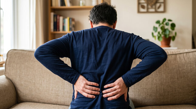 Man holding lower back in pain while sitting on sofa at home