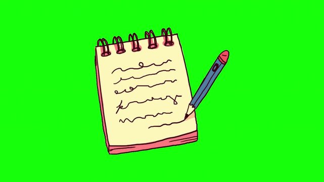 Hand Drawn Animated Notepad and Writing Pencil on Green Screen