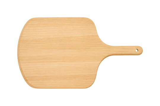 Natural wooden cutting board with handle isolated on white background, minimalist kitchen utensil for serving pizza, bread, cheese, and food preparation