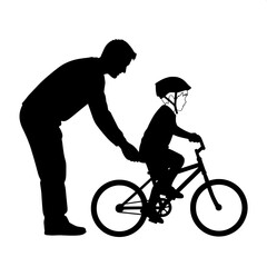 Obraz premium Man assisting child learning to ride mountain bike in black and white vector