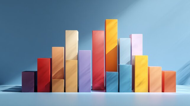 Market performance bars, bold 3D columns with clean shadows, 3D illustration.