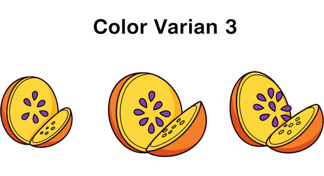 Color variant illustrations of a halved mango with inner patterns and peels.