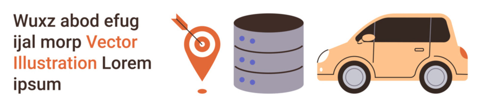 Navigation, data storage, location services, transportation, database management, mapping technology. Visuals include a location pin, database cylinder and car icon. Navigation and data storage