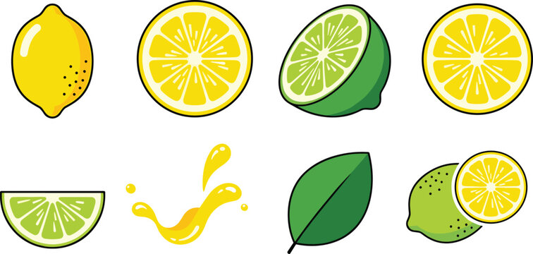 Lemon Icon Set Featuring Fresh Lemons, Slices, Lemon Splash, and Zesty Designs for Food, Fruits, and Digital Media