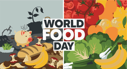 Obraz premium World Food Day colorful illustration with fruits and vegetables in vibrant lighting for social media campaign
