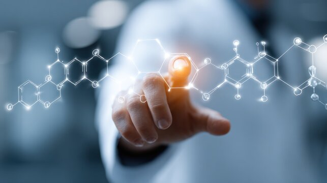 Science researcher touching digital molecule