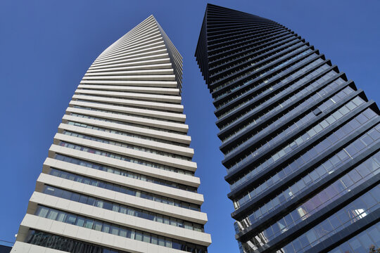 Tbilisi, Georgia - 27 April, 2026: Mirror twin Axis Towers rise above Vake district, reflecting Tbilisi skyline, symbolizing luxury urban revival within Caucasus capital Tbilisi