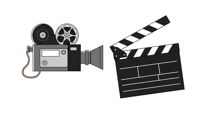 Vintage Movie Camera and Film Clapperboard Isolated on White Background, Flat Vector Illustration