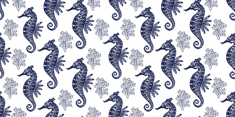 Elegant seamless marine pattern with navy seahorses and corals on white background. Detailed line art print for wallpaper, textile and packaging. © Alena