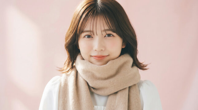 Portrait of a beautiful Japanese woman wearing a warm beige muffler on a pink background