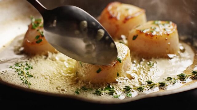 Close-up shot of seared scallops being basted with butter and herbs in a pan, creating a delicious gourmet dish