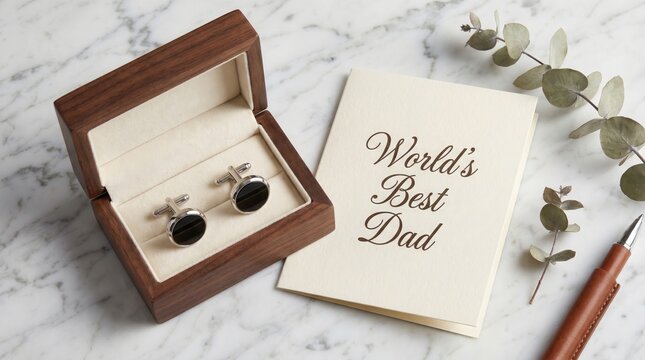 Father's day gift cufflinks card and pen on marble surface