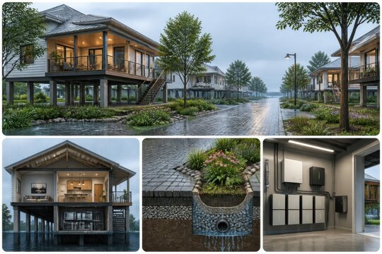 Modern eco neighborhood with stilt houses rainwater drainage and sustainable residential design concept