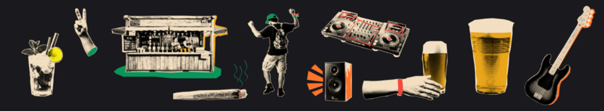 Music festival halftone collage elements set. Summer vibes popart cutouts.