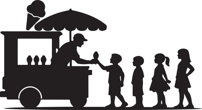 silhouette of ice cream vendor with kids queue 
