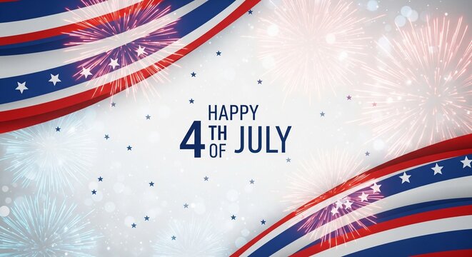 Happy 4th of July greeting with patriotic American flag elements and festive fireworks exploding in a celebratory display against a bright white background with scattered stars and bokeh lights.