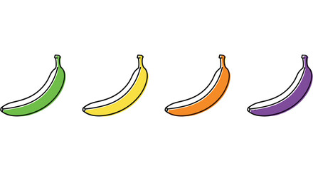 Four stylized bananas in green, yellow, orange, and purple arranged in a row. © SALEHA STOCK
