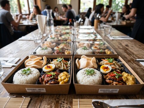 A row of cardboard lunch boxes containing grilled chicken with sambal, rice, sprouts, and crackers on a long wooden table.