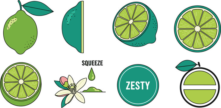 Lime and Citrus Icon Set Featuring Fresh Limes, Slices, Squeeze, and Zesty Designs for Food, Beverages, and Digital Media