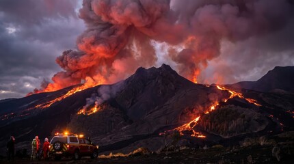 Fototapeta premium Volcano eruption with lava and smoke, people in a truck