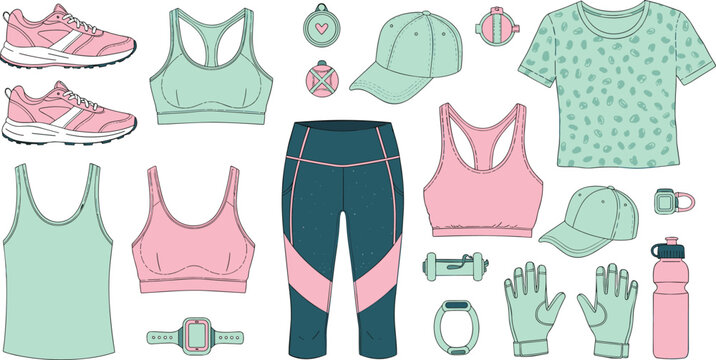 Women Fitness Clothing and Gym Accessories Collection with Sportswear Shoes Water Bottle and Workout Equipment Vector Illustration