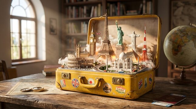 Miniature World Landmarks in a Vintage Suitcase on a Desk