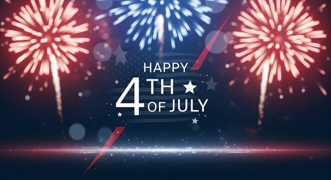 Happy 4th of July text with red and blue fireworks exploding in the night sky, patriotic celebration background with American flag elements and bokeh lights
