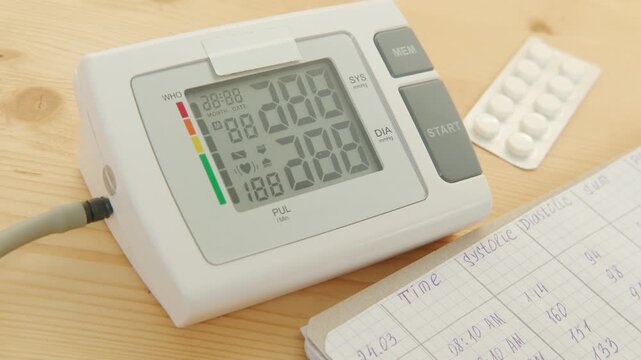 blood pressure monitor on wooden table, healthcare device, health check, medical technology, cardiovascular health, cardiovascular measurement, home health