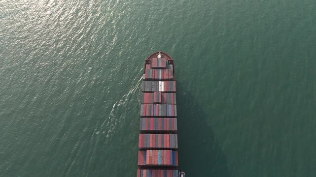 4k Aerial view from a container drone. Container ships in export-import and logistics business Transporting goods to large ports Worldwide shipping and logistics business International business abroad