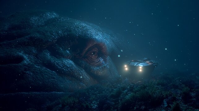 Ancient sea creature on ocean floor discovered by submarine deep abyss cinematic underwater scene