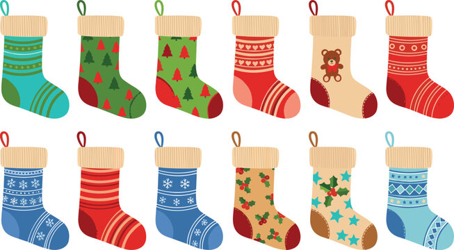Colorful Christmas Stocking Collection with Festive Holiday Sock Patterns and Winter Decorative Designs in Flat Vector Illustration Style