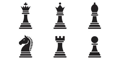 Set of chess vector icons. Black silhouette with chess. King, queen, pawn, horse and rook. silhouette vector illustration © Misho x Mamun