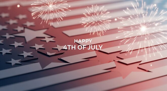 Abstract American flag design with stars and stripes in red and blue tones, featuring bright white fireworks exploding in the night sky, celebrating Independence Day.