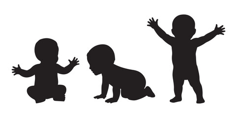 Set of baby and toddler silhouette isolated on white background. Sitting, crawling and standing. silhouette vector illustration