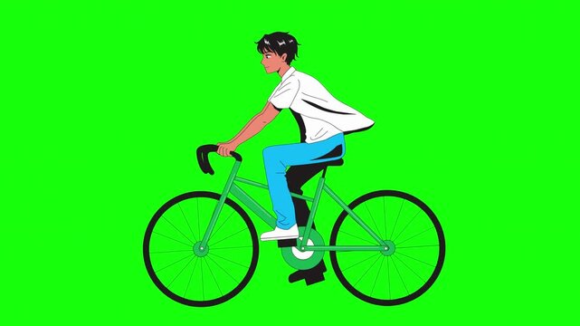 Anime style boy riding a green bicycle on green screen