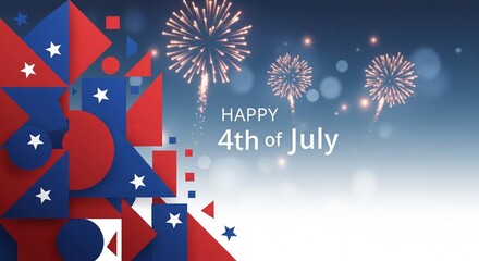 Obraz premium Happy 4th of July greeting with abstract geometric shapes in red, white, and blue and fireworks exploding in a gradient blue sky with bokeh lights, festive celebration concept